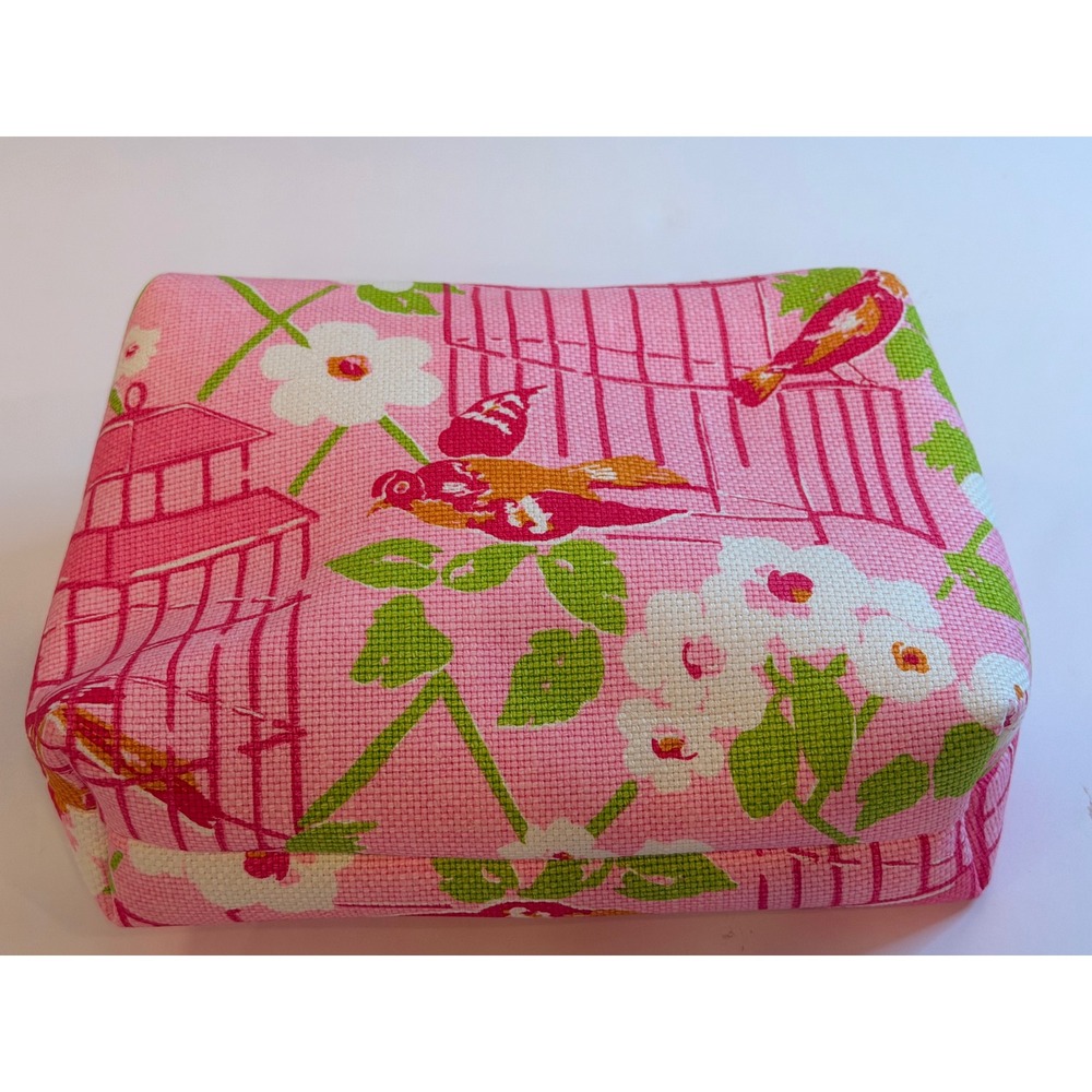 Spartina 449 Pink Birdcage Floral Linen Cosmetic Bag Makeup Pouch Leather Trim